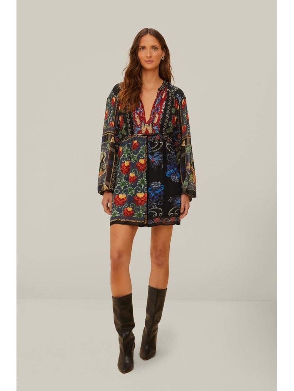 New Farm Rio Black Mixed Arabesque Scarves Long Sleeve Mini Dress
